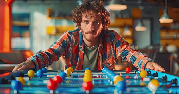 Un jugador profesional de fútbol de mesa de futbolín en ropa casual compitiendo en un torneo de fondo de color sólido fotorrealista