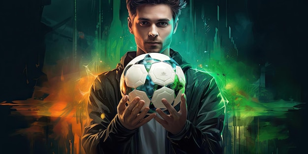 Foto un jugador que sostiene un balón de fútbol en sus guantes al estilo de beeple