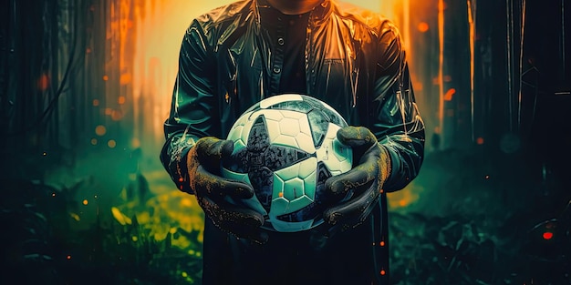 un jugador que sostiene un balón de fútbol en sus guantes al estilo de Beeple