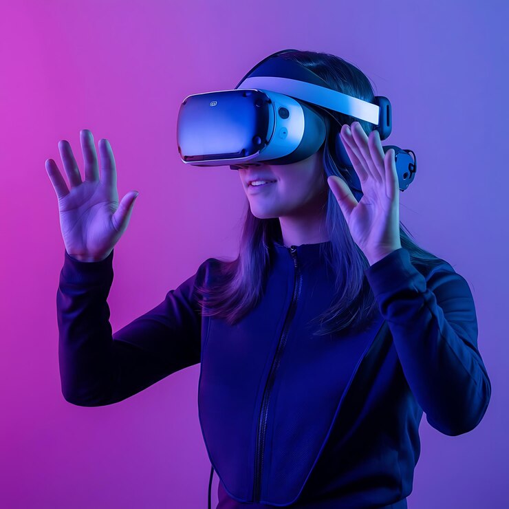 Un jugador de realidad virtual con un auricular de realidad virtual futurista