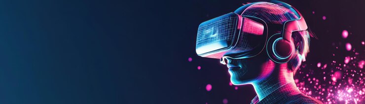 Jugador de realidad virtual futurista con efectos digitales en diseño vectorial simple Espacio de copia disponible