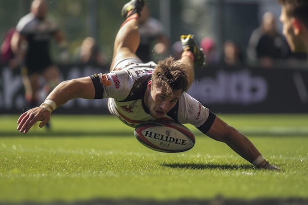 Un jugador de rugby en acción sumergiéndose para agarrar la pelota durante un juego intenso Un jugador sumergirse para hacer un intento en un momento intenso en un partido de rugby AI generado