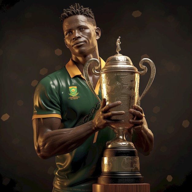 Jugador de rugby de Springbok de Sudáfrica con el trofeo de campeón del mundo 2023