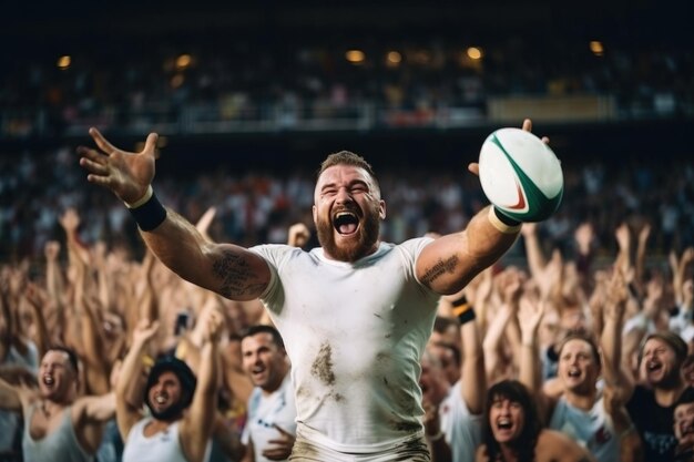 Un jugador de rugby con uniforme blanco se regocija con una pelota lanzada en un estadio lleno de espectadores