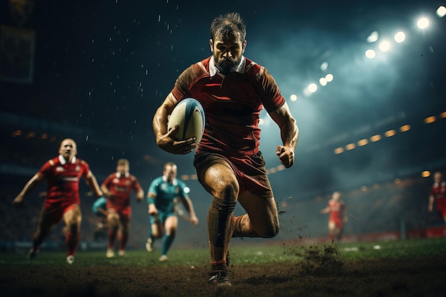 Jugador de rugby con uniforme rojo corriendo con el balón en el estadio