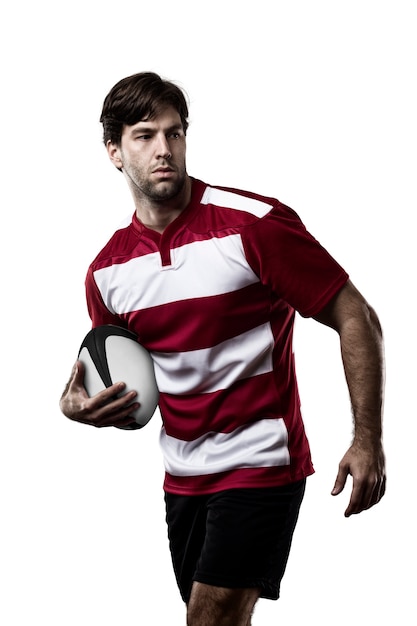 Jugador de rugby con uniforme rojo.