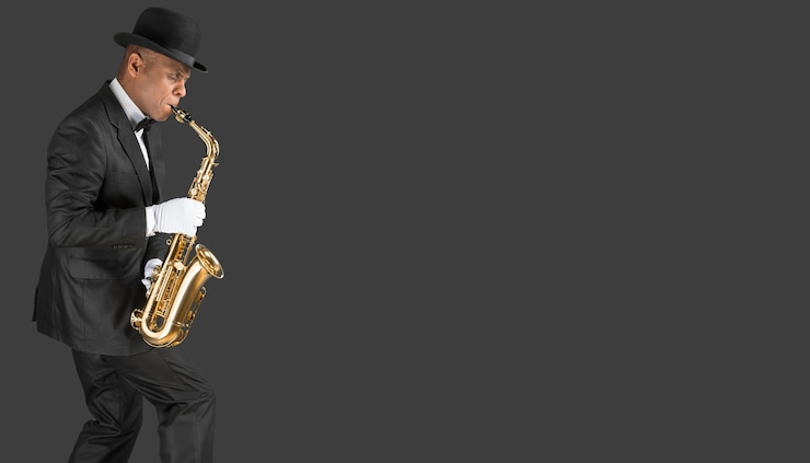 Foto jugador de saxofón de jazz estadounidense negro vintage studio shot