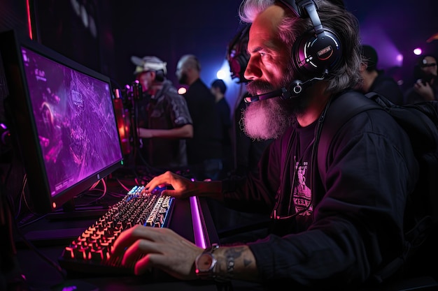 un jugador talentoso jugando con éxito a un juego de computadora mientras lleva auriculares