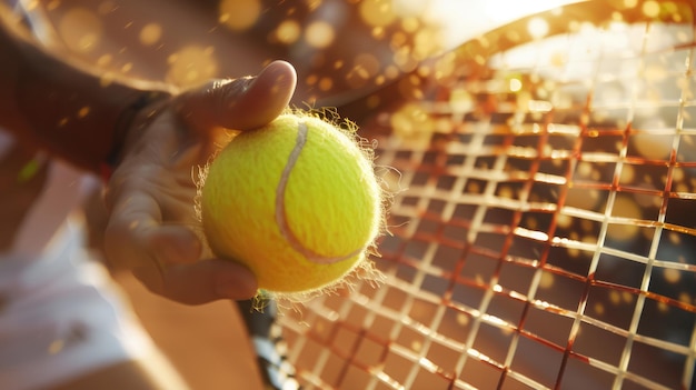 El jugador de tenis de IA generativa está sosteniendo la raqueta y golpeando la pelota en la cancha de tenis