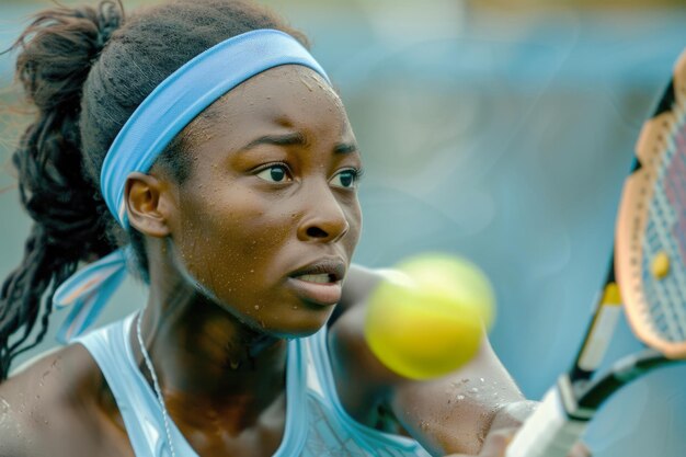 El jugador de tenis de IA generativa está sosteniendo la raqueta y golpeando la pelota en la cancha de tenis