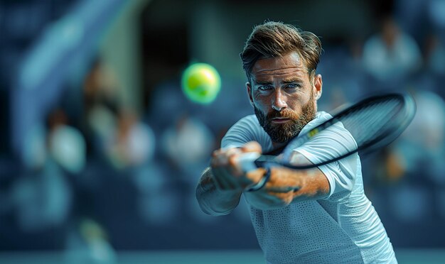 Jugador de tenis masculino enfocado en el midswing durante un partido de concentración intensa