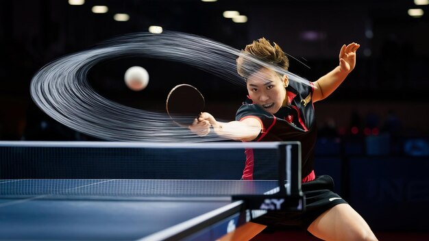 Foto jugador de tenis de mesa en acción con bola con rastro