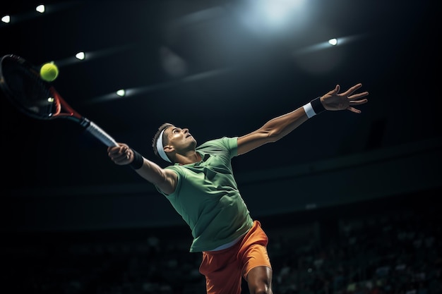 Jugador de tenis que sirve la pelota con potencia y precisión IA generativa