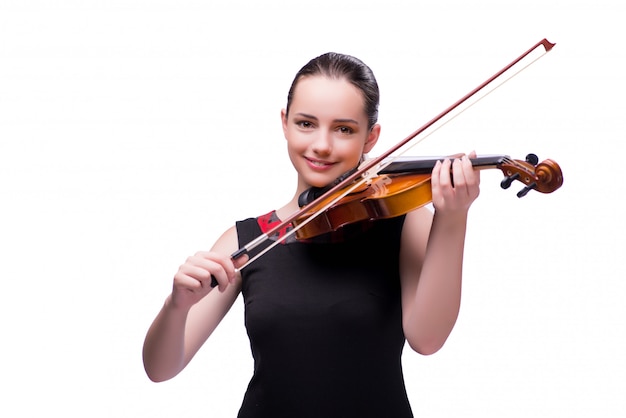 Jugador de violín joven elegante aislado en blanco