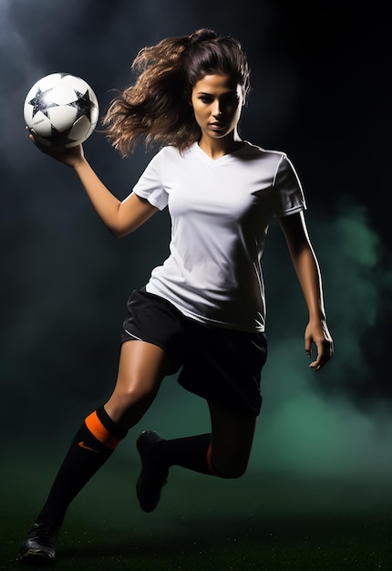 Jugadora atlética de fútbol en ropa deportiva, tiro en estudio con forma de cuerpo caliente