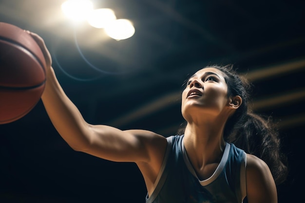 Jugadora de baloncesto en acción disparando el aro