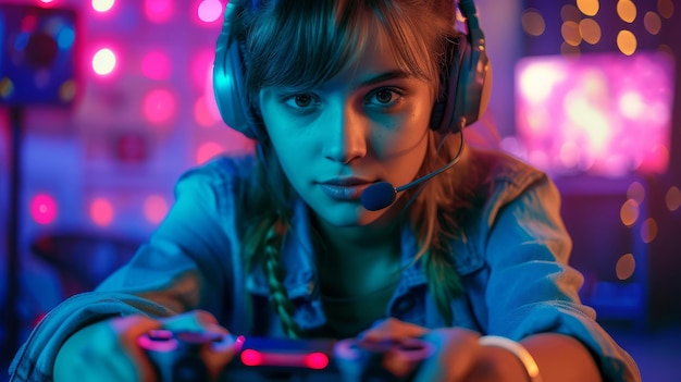 Una jugadora enfocada con auriculares y un controlador está inmersa en un rostro vibrante iluminado por el brillo de neón de las pantallas