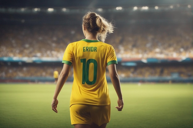 una jugadora de fútbol con una camiseta amarilla con el número 10 en la parte de atrás.