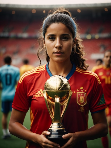 Jugadora de fútbol española con el trofeo de la Copa del Mundo
