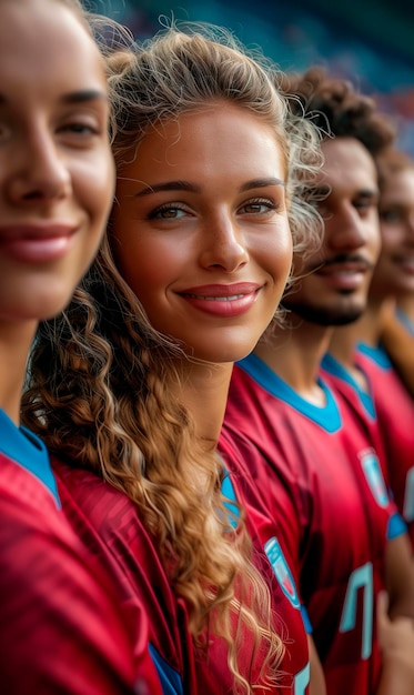 Foto jugadora de fútbol femenina sonriente con su equipo