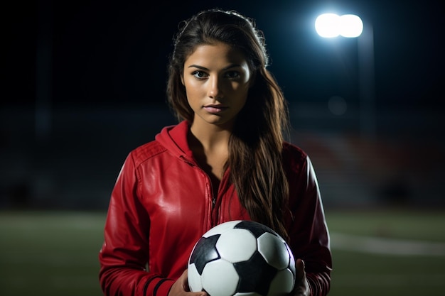 jugadora de fútbol femenino en el campo de fútbol con fondo de estilo bokeh.