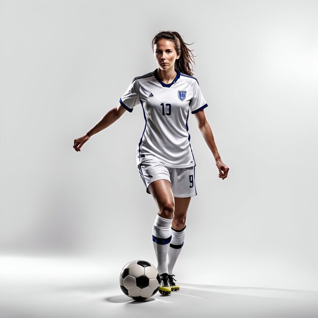 una jugadora de fútbol con uniforme blanco y azul