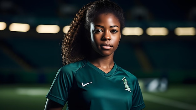 Una jugadora de fútbol con un uniforme verde vibrante mostrando sus habilidades en el campo