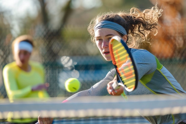 Jugadora de tenis en acción durante un partido competitivo