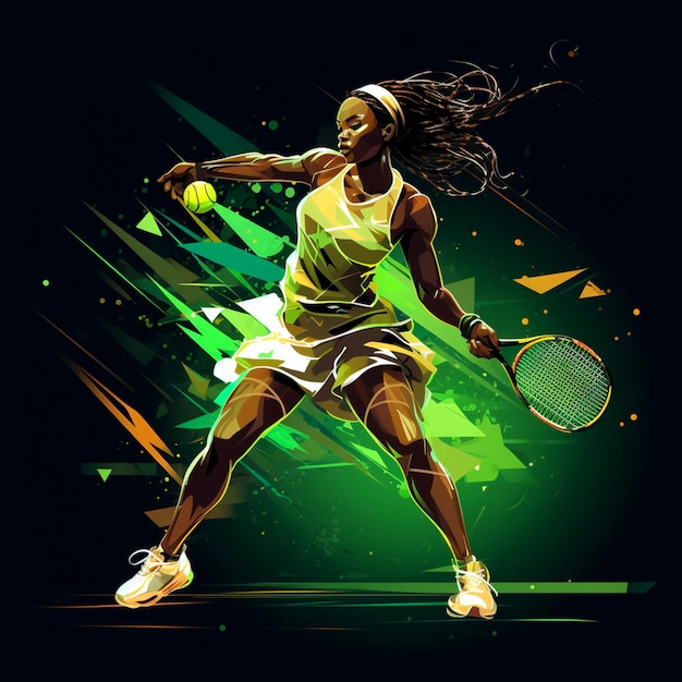 Foto jugadora de tenis africana luminosa con el concepto clave en el fondo gris de ariel.