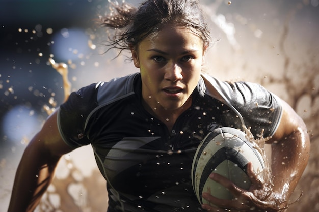 Foto jugadoras de rugby compitiendo en el campo de rugby por la noche