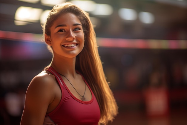 Las jugadoras de voleibol compiten en la cancha de voleibol cubierta por la noche.