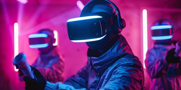 Jugadores con auriculares de realidad virtual y gamepads Concepto de juegos de realidad virtual entretenimiento y comunicación