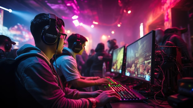 jugadores con auriculares en una sala de juegos jugando un videojuego