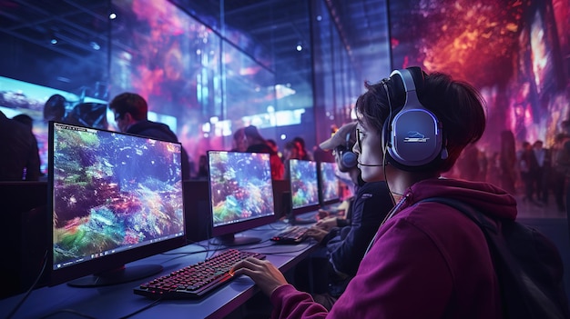 Foto jugadores con auriculares en una sala de juegos jugando un videojuego