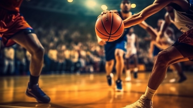 Foto jugadores de baloncesto en una cancha con el balón en manos de un jugador.