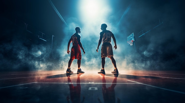 Foto jugadores de baloncesto profesionales en acción en fondo oscuro