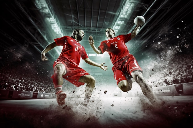 Jugadores de balonmano en acción Ad Sports banner Concepto de ataque con espacio de copia Estilo publicitario Ai generativo