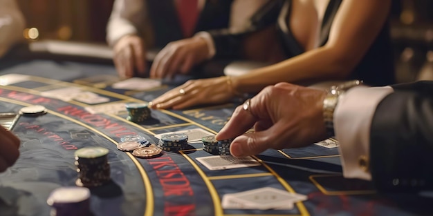 Foto jugadores de casino haciendo apuestas en la mesa de blackjack