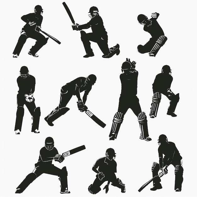 Foto jugadores de cricket silueta conjunto vector en blanco y negro
