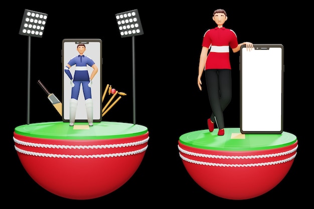 Foto jugadores de críquet participantes de india vs países bajos en medias bolas 3d con ilustración de teléfono inteligente