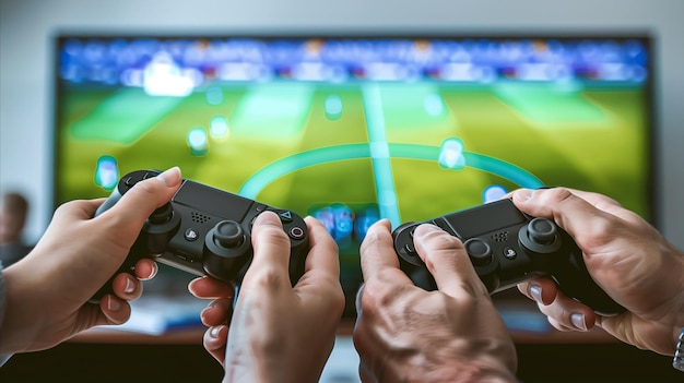 Jugadores duales involucrados en un partido de videojuego de fútbol competitivo