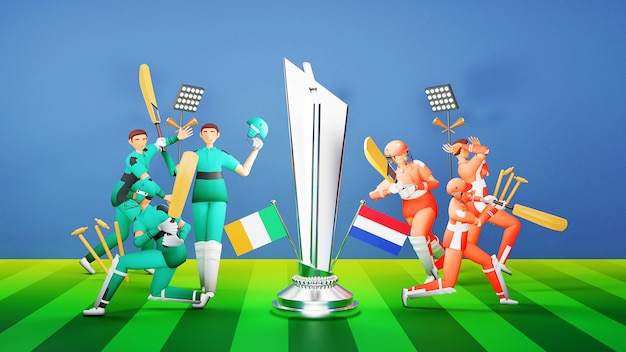 Los jugadores del equipo de críquet participantes de Irlanda vs Holanda con el trofeo ganador de plata y el equipo del torneo en el patio azul y verde. Render 3D.