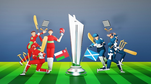 Los jugadores del equipo de críquet participantes de Omán vs Escocia con el trofeo de plata y el equipo del torneo en estilo 3D.