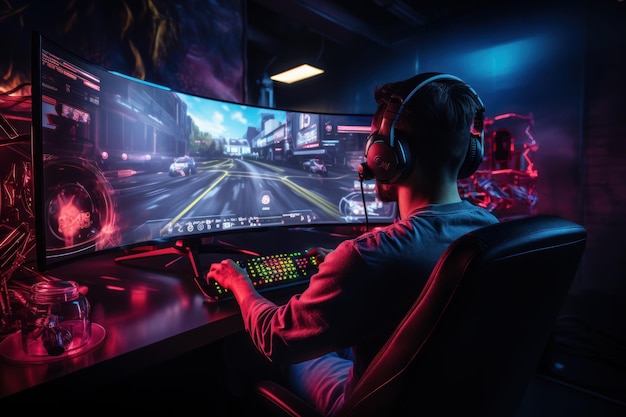 Los jugadores están jugando en línea frente a la computadora con el controlador de juegos de carreras