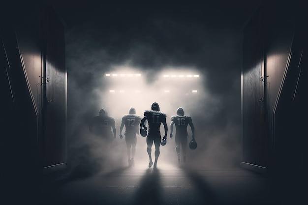 Jugadores de fútbol americano entrando al campo con niebla y niebla Ai generativo