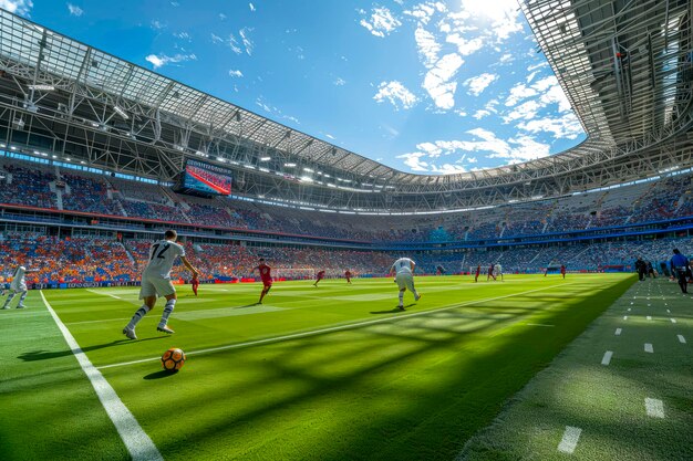 Jugadores de fútbol dinámicos en movimiento contra el impresionante telón de fondo del gran estadio