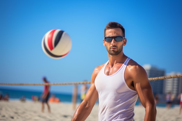 Jugadores masculinos de voleibol de playa juegan un partido de voleibol en la playa durante el día