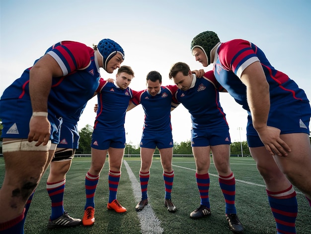 Foto jugadores de rugby acurrucados en el campo de deportes