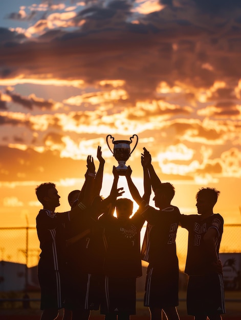 Foto jugadores en silueta levantando el trofeo del campeonato al anochecer