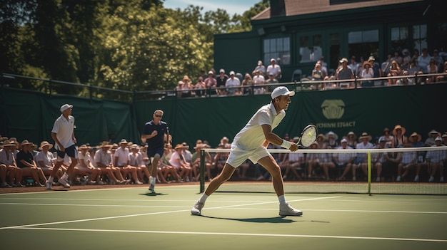 Jugadores de tenis en la cancha frente a una multitud